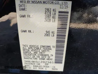 2020 Nissan Altima 2.5 S with VIN 1N4BL4BV3LC202565, listed as a IAAI auction lot 41764133 with 58,120 mi miles. Bid and sale history available at carsss.com. Image 9.