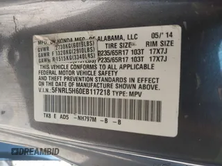 2014 Honda Odyssey EX-L with VIN 5FNRL5H60EB117218, listed as a IAAI auction lot 42201739 with 184,586 mi miles and . Bid and sale history available at DreamBid. Image 9.
