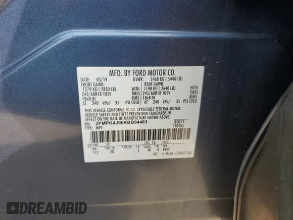 2019 Ford Edge SEL with VIN 2FMPK4J96KBB94463, listed as a Copart auction lot 56637615 with Not provided miles and Salvage title. Bid and sale history available at DreamBid. Image 13.
