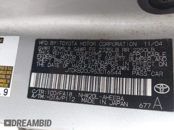 2005 Toyota Prius z VIN JTDKB20U953016544, wystawiony jako IAAI lot #42351340 z przebiegiem 198 989 mil mil oraz . Historia ofert i sprzedaży dostępna na DreamBid. Obrazek 9.