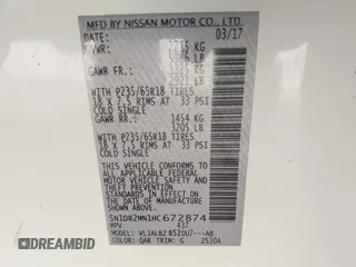 2017 Nissan Pathfinder S with VIN 5N1DR2MN1HC672874, listed as a IAAI auction lot 41828458 with 138,490 mi miles. Bid and sale history available at carsss.com. Image 9.