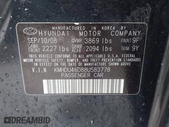 2008 Hyundai Elantra GLS with VIN KMHDU46D88U583778, listed as a IAAI auction lot 42235073 with 30,291 mi miles and . Bid and sale history available at DreamBid. Image 9.