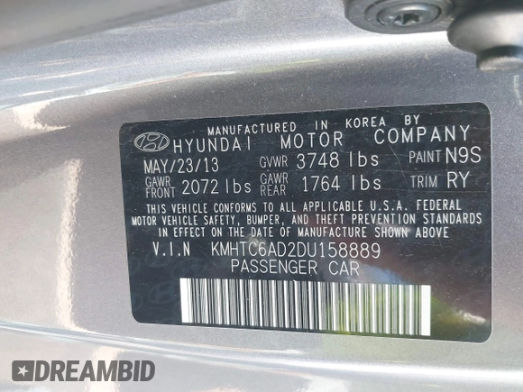 2013 Hyundai Veloster w/Black Int with VIN KMHTC6AD2DU158889, listed as a IAAI auction lot 41878065 with 157,450 mi miles and . Bid and sale history available at DreamBid. Image 9.