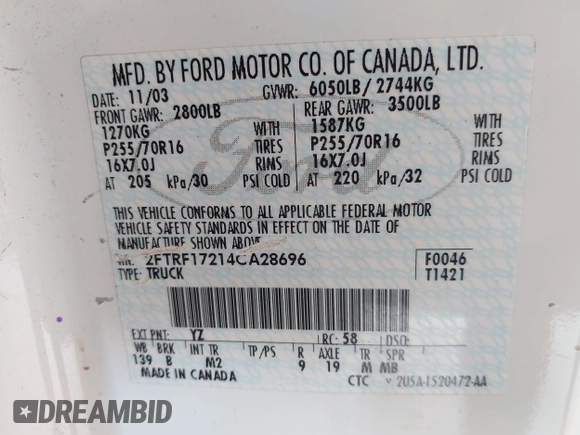2004 Ford F-150 XL with VIN 2FTRF17214CA28696, listed as a IAAI auction lot 42246526 with 132,403 mi miles and . Bid and sale history available at DreamBid. Image 9.