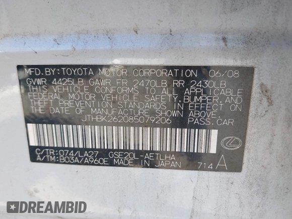 2008 Lexus IS 250 with VIN JTHBK262085079206, listed as a IAAI auction lot 42617081 with 239,849 mi miles and . Bid and sale history available at DreamBid. Image 9.