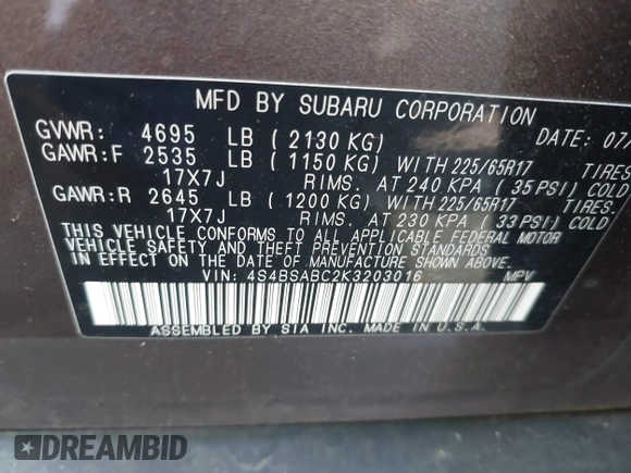 2019 Subaru Outback with VIN 4S4BSABC2K3203016, listed as a IAAI auction lot 42156340 with 68,707 mi miles and . Bid and sale history available at DreamBid. Image 9.