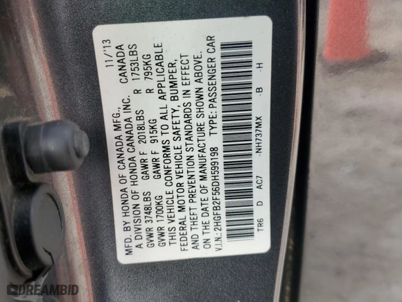 2013 Honda Civic Sdn LX with VIN 2HGFB2F56DH599198, listed as a Copart auction lot 51255195 with 122,112 mi miles and Salvage Title. Bid and sale history available at carsss.com. Image 14.
