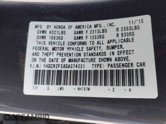 2016 Honda Accord Sport with VIN 1HGCR2F58GA074001, listed as a IAAI auction lot 42473844 with 105,311 mi miles and . Bid and sale history available at DreamBid. Image 9.