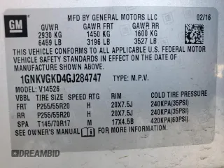 2016 Chevrolet Traverse LT with VIN 1GNKVGKD4GJ284747, listed as a Copart auction lot 52761015 with 103,010 mi miles and Clean Title. Bid and sale history available at DreamBid. Image 13.