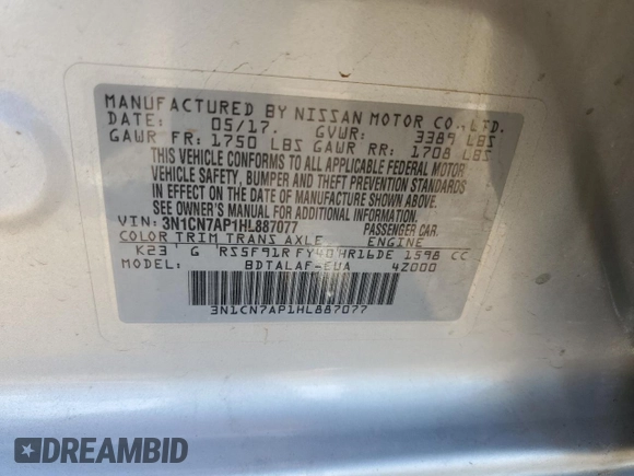 2017 Nissan Versa S z VIN 3N1CN7AP1HL887077, wystawiony jako Copart lot #55360465 z przebiegiem 88 093 mil mil oraz Szkoda całkowita • Salvage title. Historia ofert i sprzedaży dostępna na DreamBid. Obrazek 12.