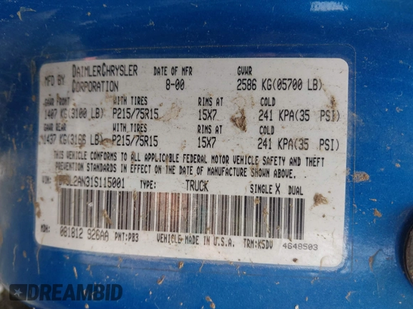 2001 Dodge Dakota Sport z VIN 1B7GL2AN31S115001, wystawiony jako IAAI lot #42452634 z przebiegiem Nie podano mil oraz . Historia ofert i sprzedaży dostępna na DreamBid. Obrazek 9.