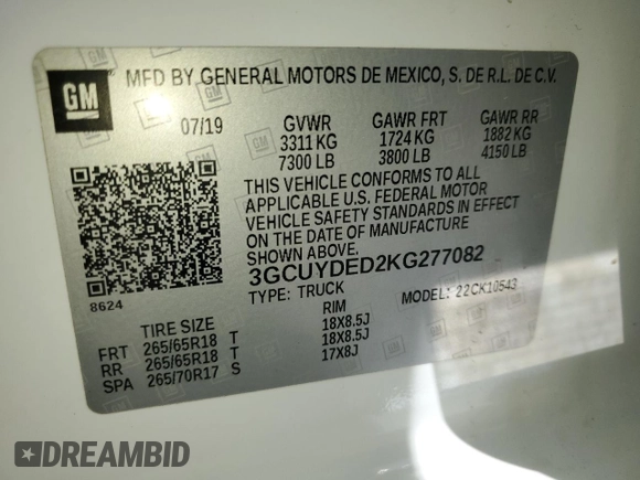 2019 Chevrolet Silverado 1500 LT with VIN 3GCUYDED2KG277082, listed as a Copart auction lot 50106315 with 94,142 mi miles and Salvage Title. Bid and sale history available at carsss.com. Image 12.