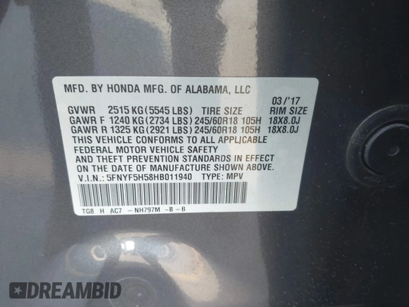 2017 Honda Pilot EX-L with VIN 5FNYF5H58HB011940, listed as a IAAI auction lot 41793151 with 118,088 mi miles. Bid and sale history available at carsss.com. Image 9.