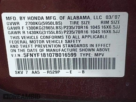 2007 Honda Pilot LX with VIN 5FNYF18107B016599, listed as a IAAI auction lot 42142933 with 186,442 mi miles and . Bid and sale history available at carsss.com. Image 9.
