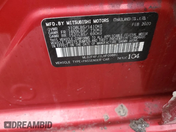 2020 Mitsubishi Mirage G4 SE with VIN ML32F4FJ1LHF09881, listed as a Copart auction lot 46986585 with 70,113 mi miles and Salvage Title. Bid and sale history available at carsss.com. Image 13.