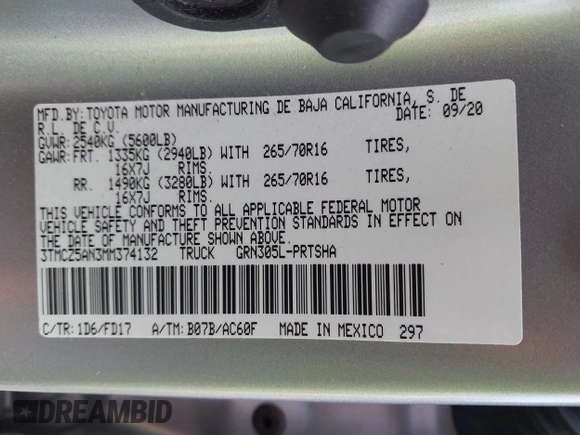 2021 Toyota Tacoma SR z VIN 3TMCZ5AN3MM374132, wystawiony jako IAAI lot #42068562 z przebiegiem 38 654 mil mil oraz . Historia ofert i sprzedaży dostępna na DreamBid. Obrazek 9.