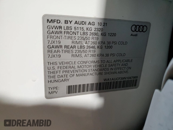 2022 Audi Q3 Premium with VIN WA1AUCF39N1047969, listed as a Copart auction lot 70757204 with 30,800 mi miles and Salvage Title. Bid and sale history available at carsss.com. Image 13.