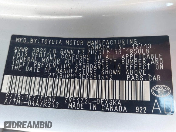 2014 Toyota Corolla L with VIN 2T1BURHE1EC081542, listed as a IAAI auction lot 42124018 with 94,099 mi miles and . Bid and sale history available at DreamBid. Image 9.