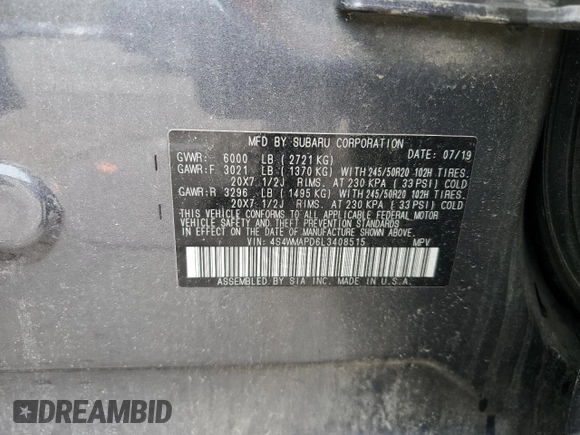 2020 Subaru Ascent Limited z VIN 4S4WMAPD6L3408515, wystawiony jako Copart lot #59995155 z przebiegiem Nie podano mil oraz Nie do naprawy • Non repairable. Historia ofert i sprzedaży dostępna na DreamBid. Obrazek 14.