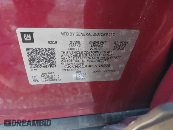2019 GMC Acadia SLE with VIN 1GKKNKLA4KZ219976, listed as a IAAI auction lot 41709640 with 87,850 mi miles. Bid and sale history available at carsss.com. Image 9.