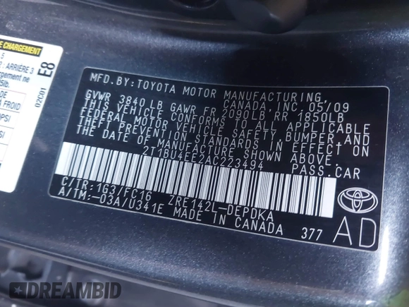 2010 Toyota Corolla with VIN 2T1BU4EE2AC223494, listed as a IAAI auction lot 40296069 with 141,817 mi miles. Bid and sale history available at carsss.com. Image 9.