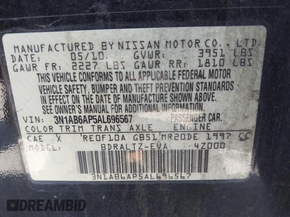 2010 Nissan Sentra 2.0 with VIN 3N1AB6AP5AL696567, listed as a IAAI auction lot 42555567 with 172,852 mi miles and . Bid and sale history available at DreamBid. Image 9.