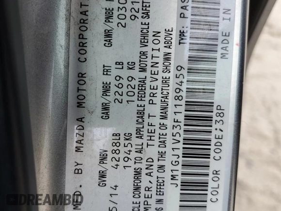 2015 Mazda 6 i Touring with VIN JM1GJ1V53F1189459, listed as a Copart auction lot 53031775 with 111,956 mi miles and Salvage Title. Bid and sale history available at DreamBid. Image 15.