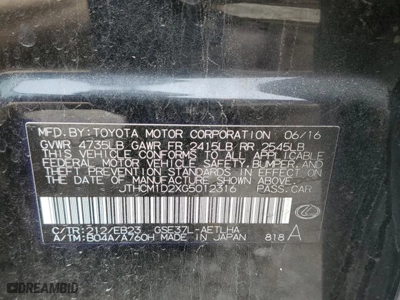 2016 Lexus IS 300 with VIN JTHCM1D2XG5012316, listed as a Copart auction lot 47545214 with 64,925 mi miles and Salvage Title. Bid and sale history available at carsss.com. Image 12.