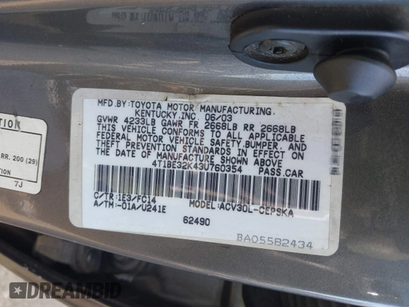 2003 Toyota Camry LE with VIN 4T1BE32K43U760354, listed as a IAAI auction lot 41547088 with 257,688 mi miles and . Bid and sale history available at DreamBid. Image 9.