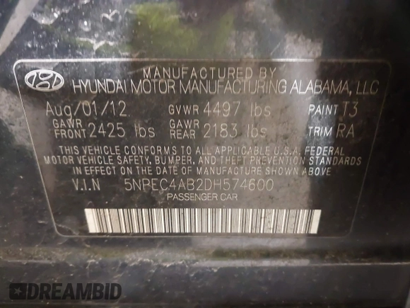 2013 Hyundai Sonata Limited with VIN 5NPEC4AB2DH574600, listed as a IAAI auction lot 41860490 with 116,567 mi miles and . Bid and sale history available at DreamBid. Image 9.