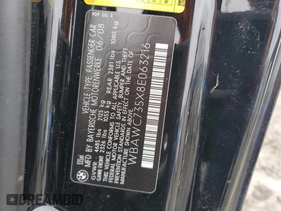 2008 BMW 3 Series 335xi with VIN WBAWC735X8E063216, listed as a Copart auction lot 84158684 with Not Provided miles and Salvage Title. Bid and sale history available at carsss.com. Image 12.