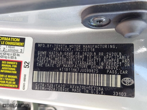 2018 Toyota Camry LE with VIN 4T1B11HK7JU099875, listed as a IAAI auction lot 41503123 with 60,202 mi miles. Bid and sale history available at carsss.com. Image 9.