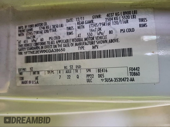 2012 Ford Econoline Cargo Recreational with VIN 1FTNE2EW0CDA38650, listed as a Copart auction lot 57364095 with 66,343 mi miles and Clean title. Bid and sale history available at DreamBid. Image 10.