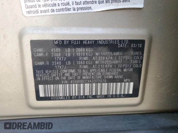 2010 Subaru Outback Premium All-Weather Anniversary with VIN 4S4BRBCCXA3372070, listed as a Copart auction lot 60491595 with 264,928 mi miles and Salvage title. Bid and sale history available at DreamBid. Image 14.