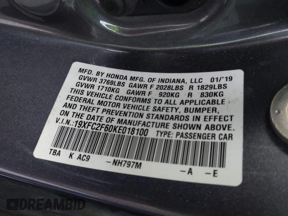 2019 Honda Civic Sedan LX with VIN 19XFC2F60KE018100, listed as a IAAI auction lot 41908486 with 124,357 mi miles. Bid and sale history available at carsss.com. Image 9.