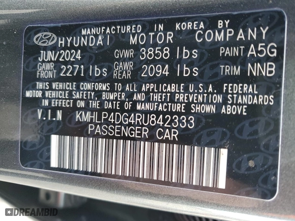 2024 Hyundai Elantra Limited with VIN KMHLP4DG4RU842333, listed as a Copart auction lot 41929135 with 6,425 mi miles and Salvage Title. Bid and sale history available at carsss.com. Image 14.