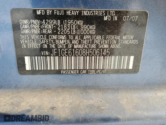2008 Subaru Impreza Sedan (Natl) i w/Premium Pkg with VIN JF1GE61608H506145, listed as a Copart auction lot 41372495 with 113,609 mi miles and Salvage Title. Bid and sale history available at carsss.com. Image 13.