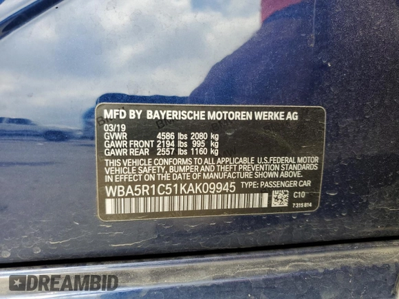 2019 BMW 3 Series 330i with VIN WBA5R1C51KAK09945, listed as a Copart auction lot 53831015 with 18,135 mi miles and Salvage title. Bid and sale history available at DreamBid. Image 12.