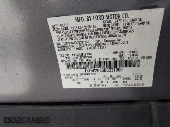 2013 Ford Taurus SEL z VIN 1FAHP2H83DG231000, wystawiony jako IAAI lot #41986420 z przebiegiem 200 390 mil mil oraz . Historia ofert i sprzedaży dostępna na DreamBid. Obrazek 9.