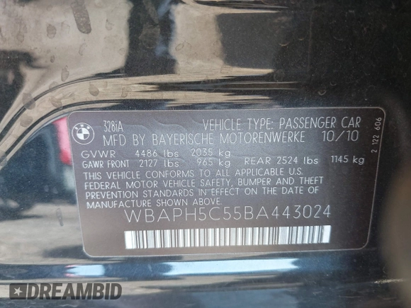2011 BMW 3 Series 328i with VIN WBAPH5C55BA443024, listed as a IAAI auction lot 41838910 with Not Provided miles and . Bid and sale history available at carsss.com. Image 9.