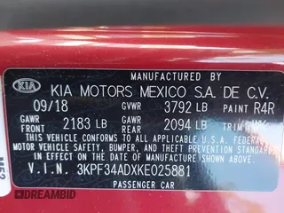 2019 Kia Forte S with VIN 3KPF34ADXKE025881, listed as a IAAI auction lot 41181529 with 190,736 mi miles and . Bid and sale history available at carsss.com. Image 9.
