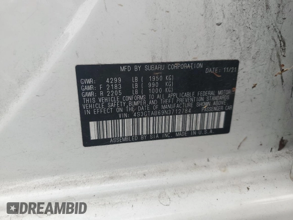 2022 Subaru Impreza z VIN 4S3GTAB69N3712784, wystawiony jako Copart lot #54764615 z przebiegiem 26 810 mil mil oraz Szkoda całkowita • Salvage title. Historia ofert i sprzedaży dostępna na DreamBid. Obrazek 12.
