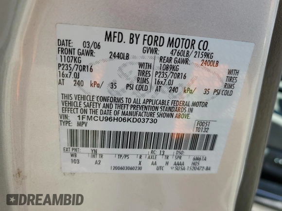 2006 Ford Escape Hybrid with VIN 1FMCU96H06KD03730, listed as a Copart auction lot 52585995 with 189,363 mi miles and Salvage title. Bid and sale history available at DreamBid. Image 13.