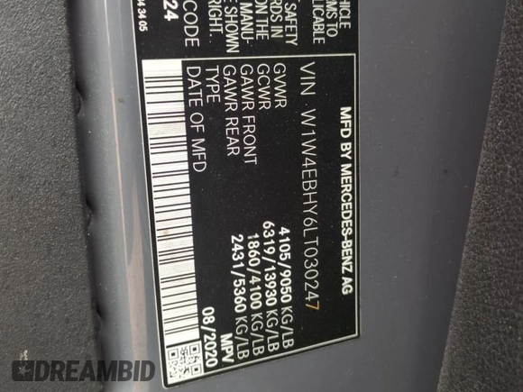 2020 Mercedes-Benz Sprinter with VIN W1W4EBHY6LT030247, listed as a Copart auction lot 45239795 with Not Provided miles and Salvage Title. Bid and sale history available at DreamBid. Image 13.
