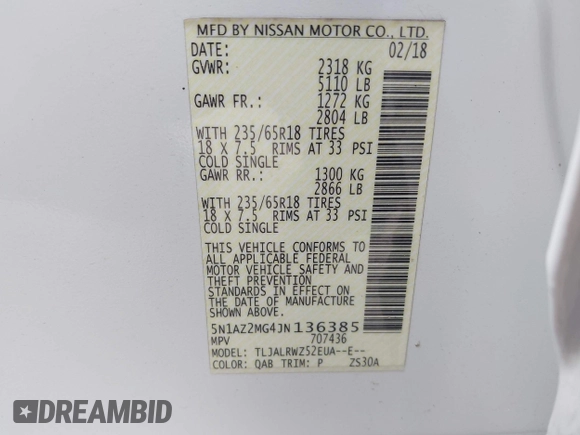 2018 Nissan Murano S z VIN 5N1AZ2MG4JN136385, wystawiony jako IAAI lot #41974283 z przebiegiem 60 741 mil mil oraz . Historia ofert i sprzedaży dostępna na DreamBid. Obrazek 9.