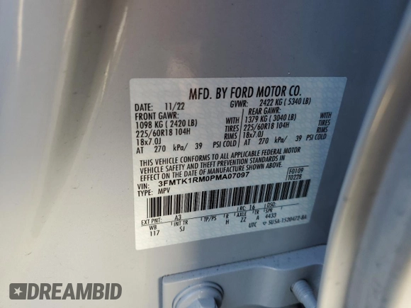 2023 Ford Mustang Mach-E Select with VIN 3FMTK1RM0PMA07097, listed as a Copart auction lot 49905995 with 56,065 mi miles and Salvage Title. Bid and sale history available at DreamBid. Image 14.