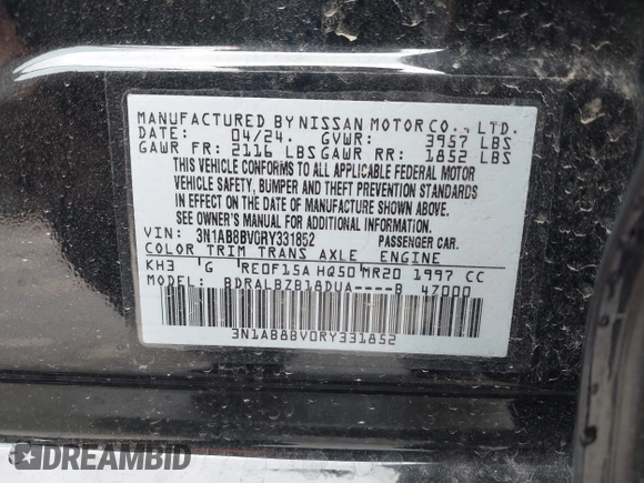 2024 Nissan Sentra S with VIN 3N1AB8BV0RY331852, listed as a IAAI auction lot 41893826 with 18,192 mi miles. Bid and sale history available at carsss.com. Image 9.