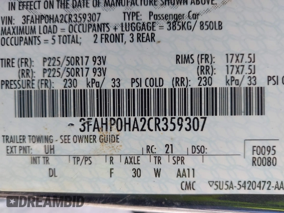 2012 Ford Fusion SE with VIN 3FAHP0HA2CR359307, listed as a IAAI auction lot 42577984 with 64,098 mi miles and . Bid and sale history available at DreamBid. Image 9.