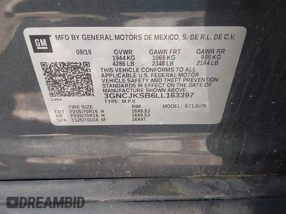 2020 Chevrolet Trax LS with VIN 3GNCJKSB6LL163397, listed as a IAAI auction lot 42656664 with Not provided miles and . Bid and sale history available at DreamBid. Image 9.