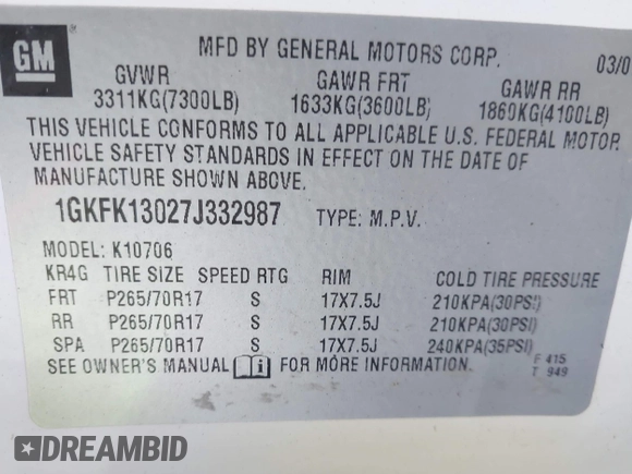 2007 GMC Yukon SLT z VIN 1GKFK13027J332987, wystawiony jako IAAI lot #42265048 z przebiegiem 206 293 mil mil oraz . Historia ofert i sprzedaży dostępna na DreamBid. Obrazek 9.